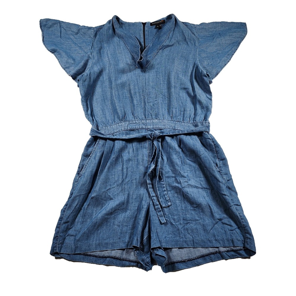 Banana Republic Romper Womens 12 Large Mini Chambray Tie Waist Chic Americana